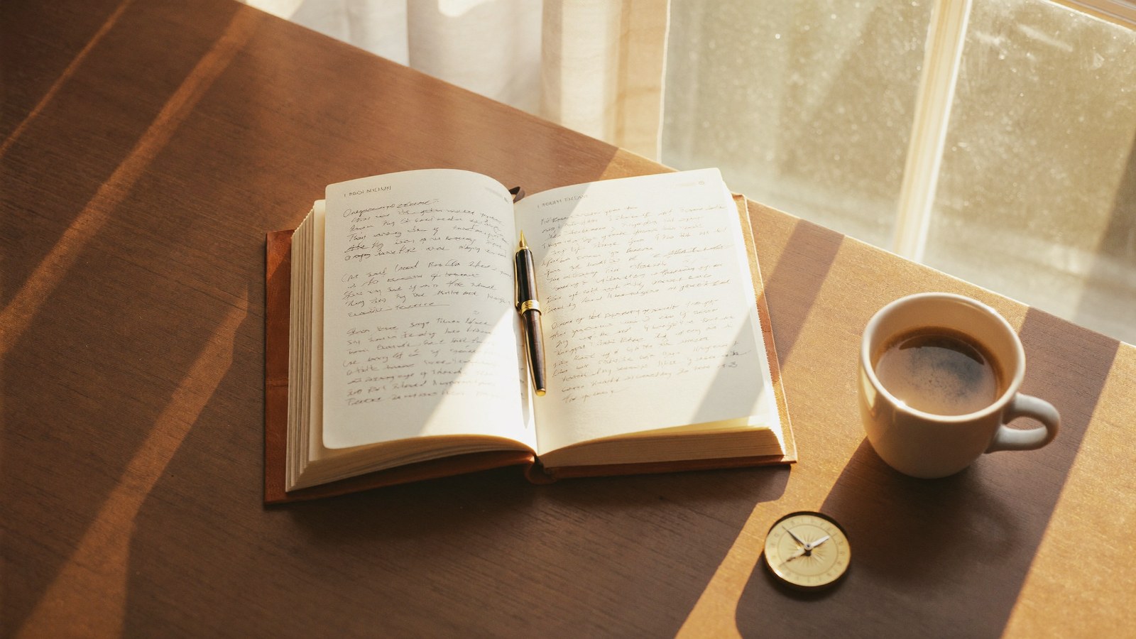A journal, a coffee cup, and a brass compass on a wooden desk in warm morning light — tools of reflection and discovery.