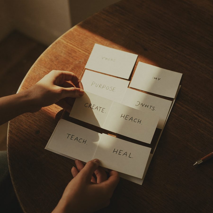 Hands sorting through cards on a wooden desk