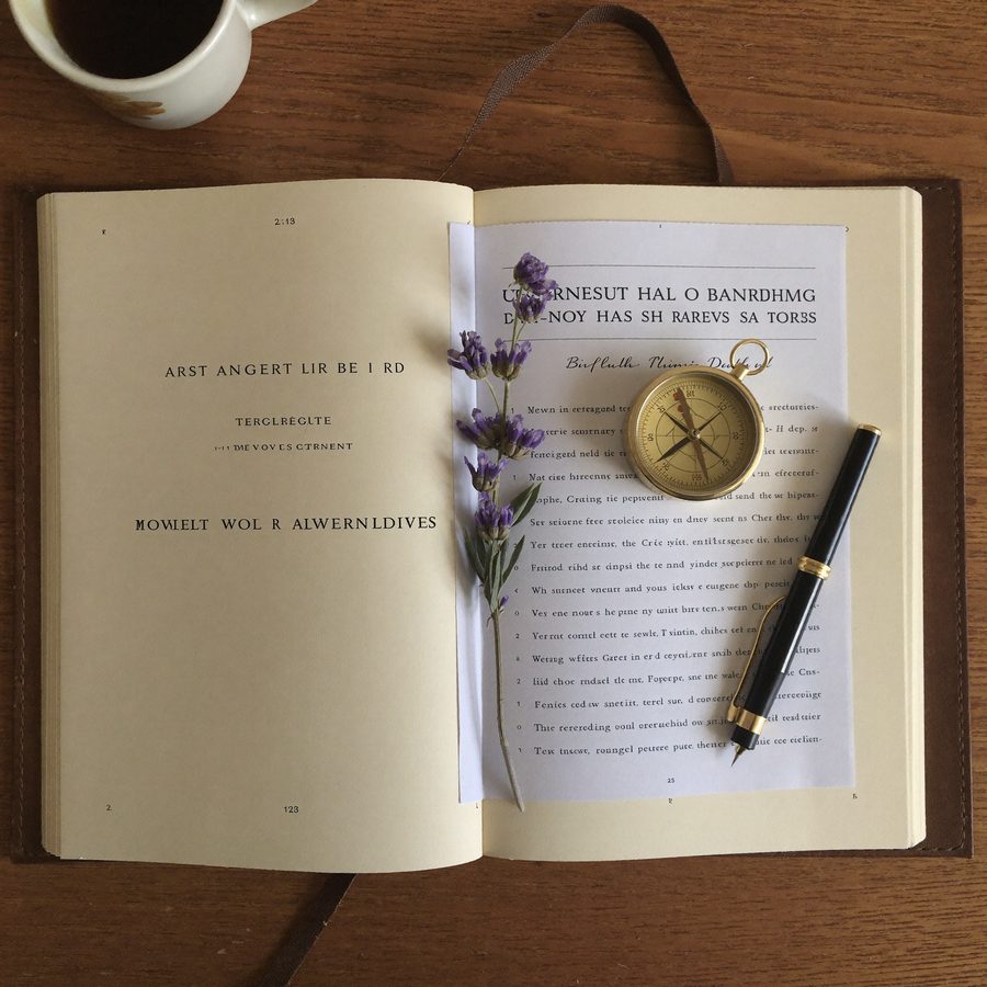 An open journal with a printed report and a brass compass